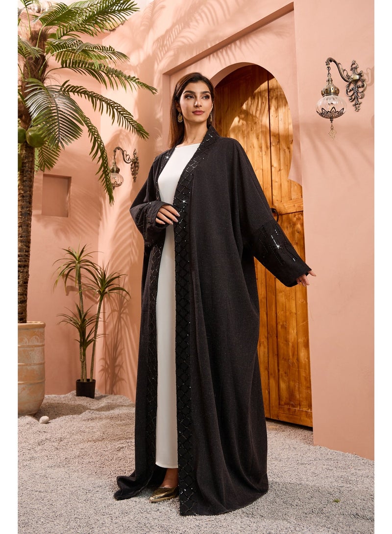 Dubai Sequins Patchwork Abaya Muslim Elegant Casual Solid Open Kaftan Arabic Dresses For Women - Image 5